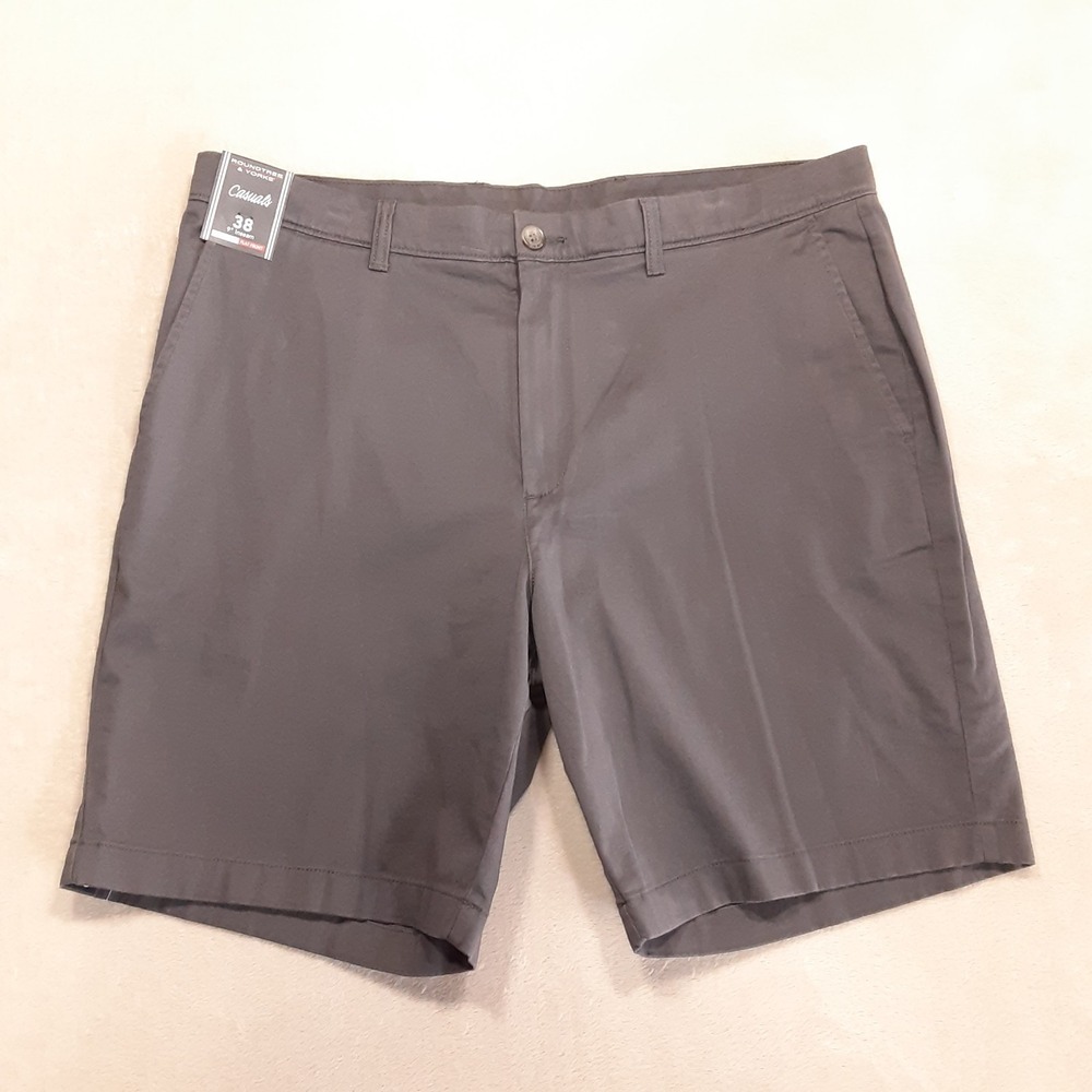 Roundtree & Yorke Casuals Mens Flat Front Chino Shorts 38 Gray 9" Inseam Stretch